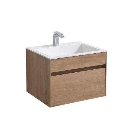 Тумба Vincea Chiara 600 подвесная, 1 выкатной ящик soft-close, N.Oak с умывальником VCB-13600W из искусственного камня, цвет белый
