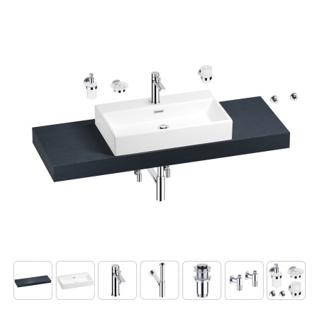 Раковина 70 см со столешницей 140 см Wellsee Graceful Pro 201012766 в наборе 10 в 1: столешница, раковина, смеситель, сифон, донный клапан, угловые вентили, аксессуары (цвет хром)