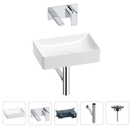 Раковина для ванной Wellsee Pure BY Wellsee 201002561 в наборе 4 в 1: раковина белого глянцевого цвета, встраиваемый смеситель, сифон, выпуск (цвет набора хром)