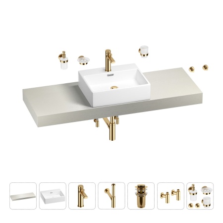 Раковина 50 см со столешницей 140 см Wellsee Graceful Pro 201012578 в наборе 10 в 1: столешница, раковина, смеситель, сифон, донный клапан, угловые вентили, аксессуары (цвет золото)