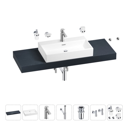 Раковина 70 см со столешницей 140 см Wellsee Graceful Pro 201012761 в наборе 10 в 1: столешница, раковина, смеситель, сифон, донный клапан, угловые вентили, аксессуары (цвет хром)