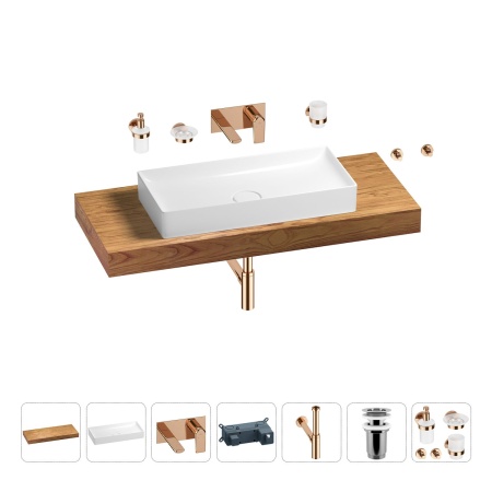 Раковина 75 см со столешницей 120 см Wellsee Pure BY Wellsee 201011724 в наборе 9 в 1: столешница, раковина, встраиваемый смеситель, сифон, выпуск, аксессуары (цвет набора розовое золото)