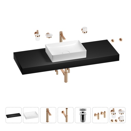 Раковина 50 см со столешницей 140 см Wellsee Pure BY Wellsee 201011539 в наборе 10 в 1: столешница, раковина, высокий смеситель, сифон, выпуск, кран-вентили, аксессуары (цвет розовое золото)