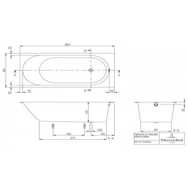 Ванна Villeroy & Boch Oberon 2.0 1800 x 800 мм, квариловая, UBQ181OBR2DV-01