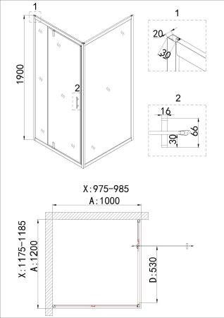 Душевое ограждение Niagara Nova NG-43-12AG-A100G 120x100x190 прямоугольник, дверь распашная