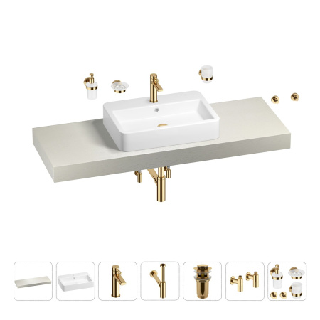 Раковина 60 см со столешницей 140 см Wellsee Halcyon 201012098 в наборе 10 в 1: столешница, раковина, смеситель, сифон, донный клапан, угловые вентили, аксессуары (цвет золото)
