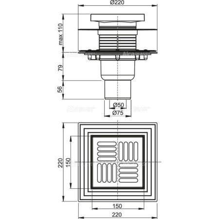 Сливной трап Alcaplast 150х150/50/75 подводка прямая решетка нерж. сталь фланец-нерж. APV4444