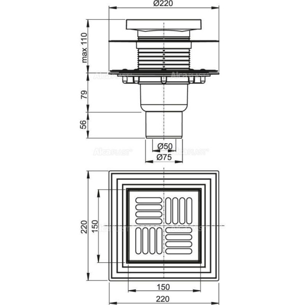 Сливной трап Alcaplast 150х150/50/75 подводка прямая решетка нерж. сталь фланец-нерж. APV4444