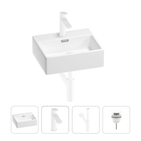 Раковина для ванной Wellsee Graceful Pro 201002885 в наборе 4 в 1: раковина белого глянцевого цвета, смеситель, сифон, донный клапан (цвет набора матовый белый)