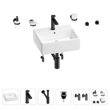 Раковина для ванной Wellsee Graceful Pro 201006652 в наборе 9 в 1: раковина белого глянцевого цвета, смеситель, сифон, донный клапан, угловые вентили, аксессуары (цвет набора матовый черный)