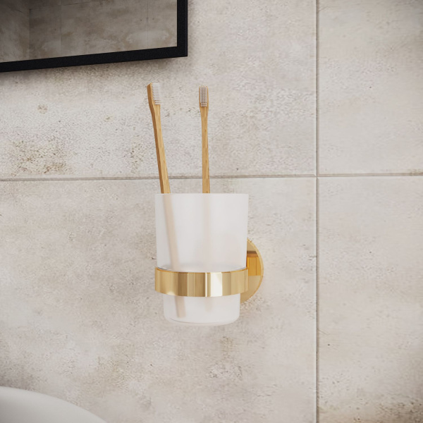Стеклянный стакан для зубных щеток и пасты с латунным настенным держателем Wellsee Finishing Touch 182508000 (цвет стакана матовый, цвет держателя золотой)