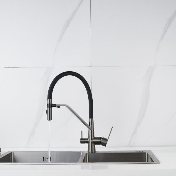 Смеситель для кухни с гибким изливом и подключением фильтра Shevanik S278T, оружейная сталь