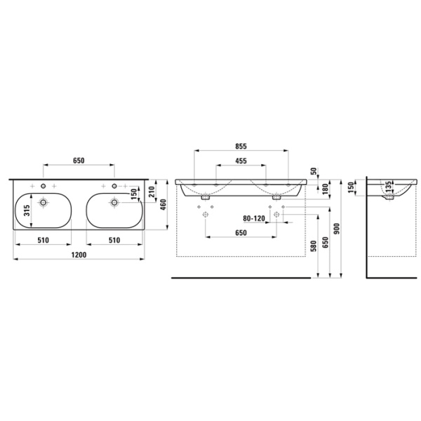 Laufen LUA Раковина подвесная 120x46см, двойная, с 1 отв., цвет: белый глянцевый 8.1408.1.000.104.1