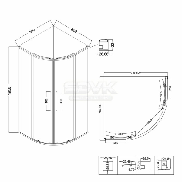 Душевое ограждение  Niagara Nova  NG-2825-34BLACK (80*80*195) полукруг, двери раздвижные