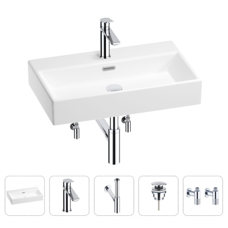 Раковина для ванной Wellsee Graceful Pro 201004656 в наборе 5 в 1: раковина белого глянцевого цвета, смеситель, сифон, донный клапан, угловые вентили (цвет набора хром)