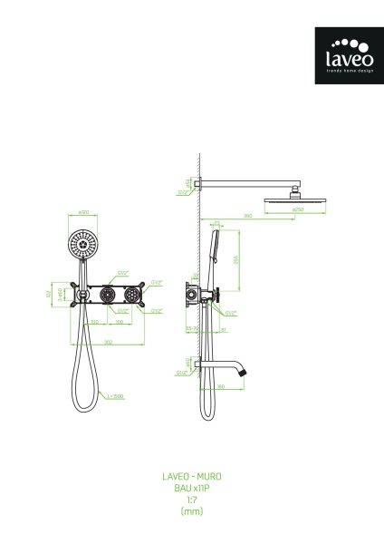 Душевая система Laveo Muro BAU_711P скрытого монтажа с изливом черный