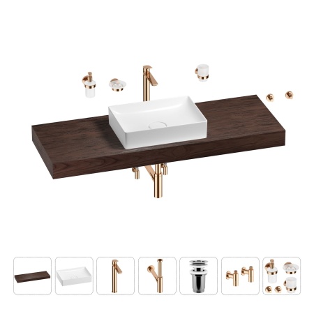 Раковина 50 см со столешницей 140 см Wellsee Pure BY Wellsee 201011494 в наборе 10 в 1: столешница, раковина, высокий смеситель, сифон, выпуск, кран-вентили, аксессуары (цвет розовое золото)