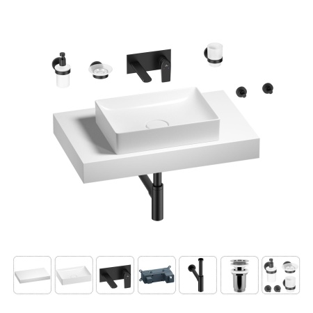 Раковина 50 см со столешницей 80 см Wellsee Pure BY Wellsee 201011162 в наборе 9 в 1: столешница, раковина, встраиваемый смеситель, сифон, выпуск, аксессуары (цвет набора матовый черный)