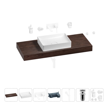Раковина 50 см со столешницей 120 см Wellsee Pure BY Wellsee 201011390 в наборе 9 в 1: столешница, раковина, встраиваемый смеситель, сифон, выпуск, аксессуары (цвет набора матовый белый)