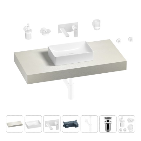Раковина 42 см со столешницей 100 см Wellsee Pure BY Wellsee 201010810 в наборе 9 в 1: столешница, раковина, встраиваемый смеситель, сифон, выпуск, аксессуары (цвет набора матовый белый)