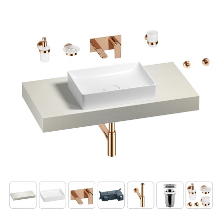 Раковина 50 см со столешницей 100 см Wellsee Pure BY Wellsee 201011204 в наборе 9 в 1: столешница, раковина, встраиваемый смеситель, сифон, выпуск, аксессуары (цвет набора розовое золото)