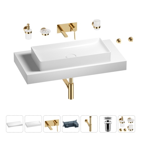 Раковина 75 см со столешницей 100 см Wellsee Pure BY Wellsee 201011648 в наборе 9 в 1: столешница, раковина, встраиваемый смеситель, сифон, выпуск, аксессуары (цвет набора золото)