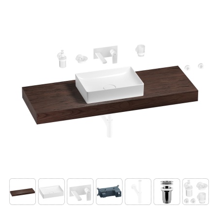 Раковина 50 см со столешницей 140 см Wellsee Pure BY Wellsee 201011505 в наборе 9 в 1: столешница, раковина, встраиваемый смеситель, сифон, выпуск, аксессуары (цвет набора матовый белый)