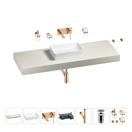 Раковина 42 см со столешницей 140 см Wellsee Pure BY Wellsee 201010994 в наборе 9 в 1: столешница, раковина, встраиваемый смеситель, сифон, выпуск, аксессуары (цвет набора розовое золото)