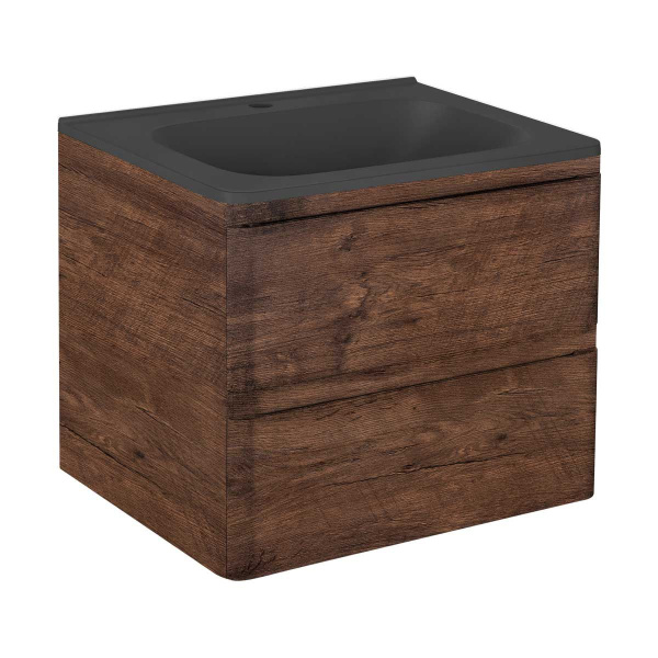 Тумба Vincea Vico 600 подвесная, 2 выкатных ящика soft close, R.Wood с умывальником VCB-2VP600B из кварцевого камня, цвет черный