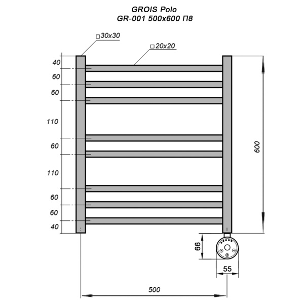 Полотенцесушитель GROIS Polo GR-001 500х600 П8 (3+2+3) RAL9005 черный матовый