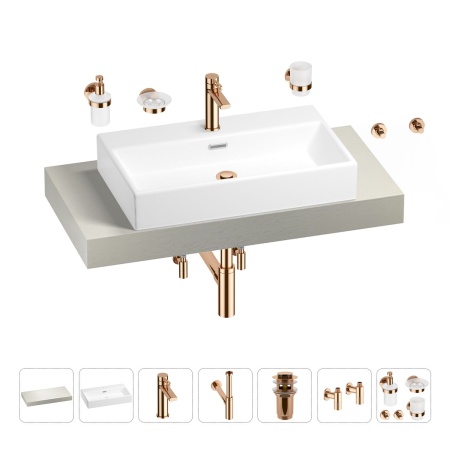 Раковина 70 см со столешницей 100 см Wellsee Graceful Pro 201012639 в наборе 10 в 1: столешница, раковина, смеситель, сифон, донный клапан, угловые вентили, аксессуары (цвет розовое золото)