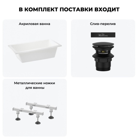 Акриловая ванна в наборе 3 в 1: встраиваемая ванна, слив-перелив, ножки Wellsee FreeDom 2.0 20212799R