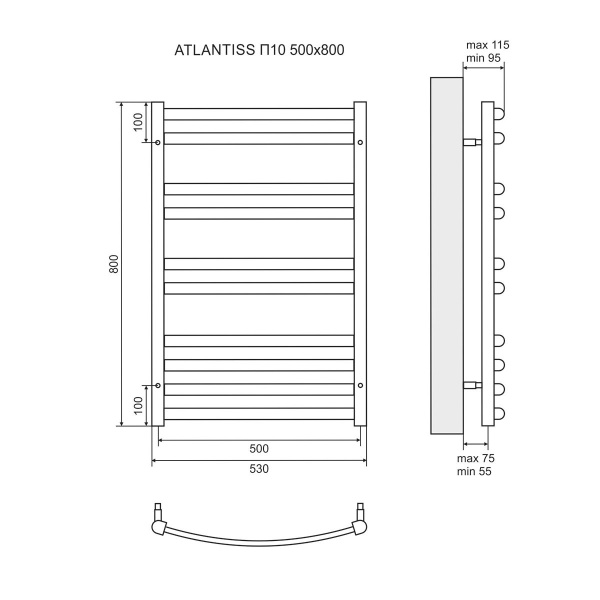 Полотенцесушитель электрический Lemark Atlantiss П10 LM32810REBL 500x800, левый/правый, черный