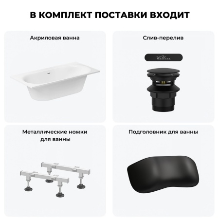 Акриловая ванна в наборе 4 в 1: встраиваемая ванна, слив-перелив, ножки, подголовник Wellsee Dream For More 20216819R