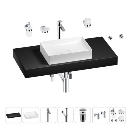 Раковина 50 см со столешницей 100 см Wellsee Pure BY Wellsee 201011291 в наборе 10 в 1: столешница, раковина, высокий смеситель, сифон, выпуск, кран-вентили, аксессуары (цвет хром)