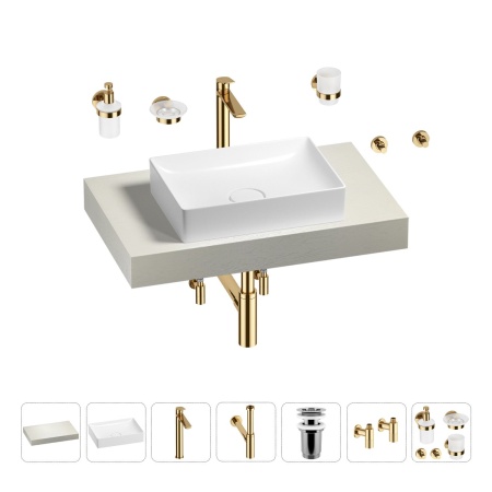 Раковина 50 см со столешницей 80 см Wellsee Pure BY Wellsee 201011073 в наборе 10 в 1: столешница, раковина, высокий смеситель, сифон, выпуск, кран-вентили, аксессуары (цвет золото)