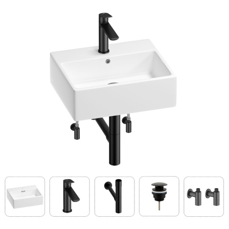 Раковина для ванной Wellsee Graceful Pro 201004597 в наборе 5 в 1: раковина белого глянцевого цвета, смеситель, сифон, донный клапан, угловые вентили (цвет набора матовый черный)