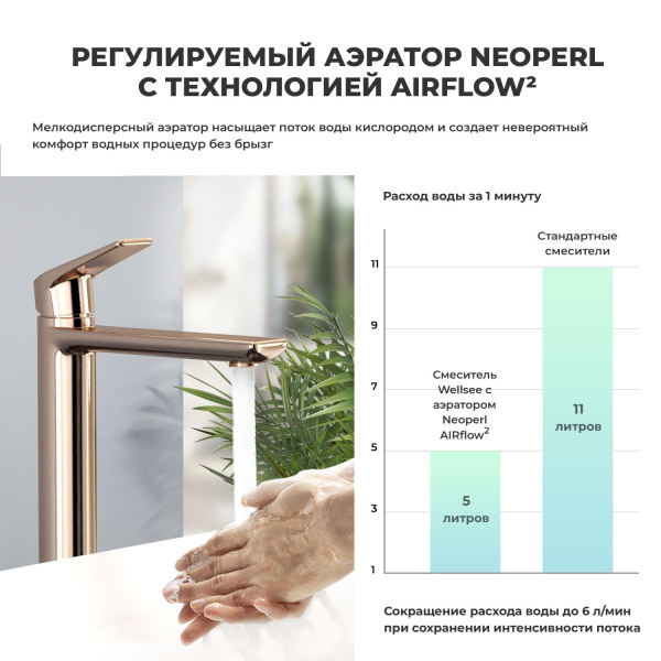 Высокий отдельностоящий смеситель для раковины (умывальника) на столешницу Wellsee ICON! for life 182306000, излив 110/150 мм (цвет розовое золото)