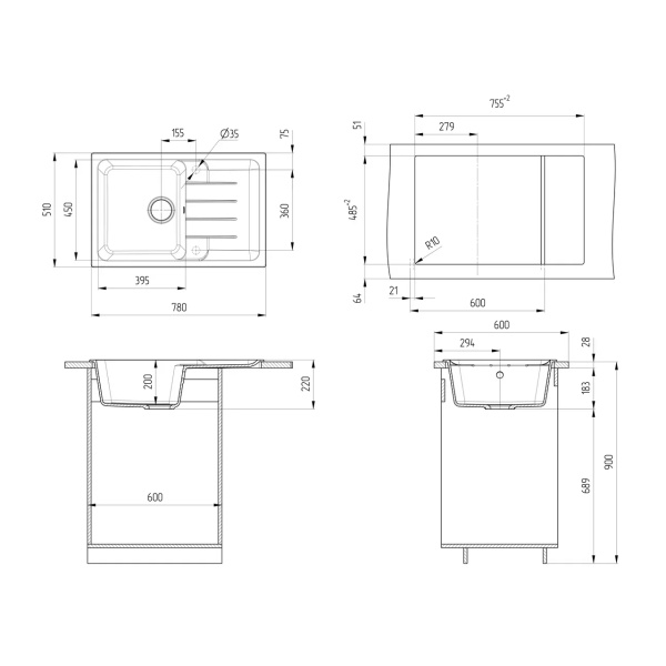 Кухонная мойка Ulgran Quartz Gerda 780-07, уголь