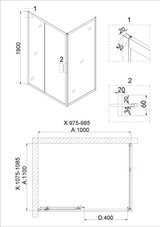 Душевое ограждение Niagara Nova NG-42-10AG-A110G 100x110x190 прямоугольник, дверь раздвижная