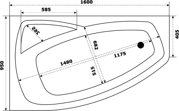 Акриловая ванна STWORKI Монтре L 160x95 см, угловая, левая, пристенная, белая, асимметричная, с каркасом, с сиденьем