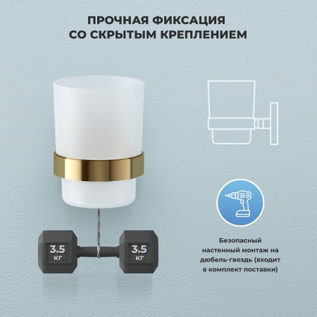 Стеклянный стакан для зубных щеток и пасты с латунным настенным держателем Wellsee Finishing Touch 182508000 (цвет стакана матовый, цвет держателя золотой)