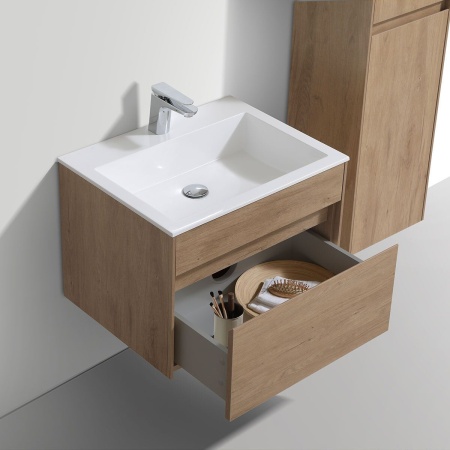 Тумба Vincea Chiara 600 подвесная, 1 выкатной ящик soft-close, N.Oak с умывальником VCB-13600W из искусственного камня, цвет белый