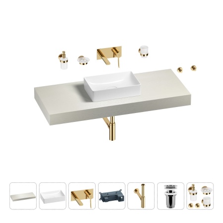 Раковина 42 см со столешницей 120 см Wellsee Pure BY Wellsee 201010903 в наборе 9 в 1: столешница, раковина, встраиваемый смеситель, сифон, выпуск, аксессуары (цвет набора золото)