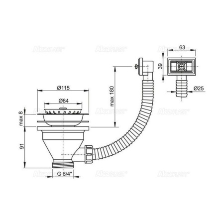 Водослив сифона для мойки Alcaplast 6/4" с нержавеющей решеткой Ø115 и гофропереливом, A38