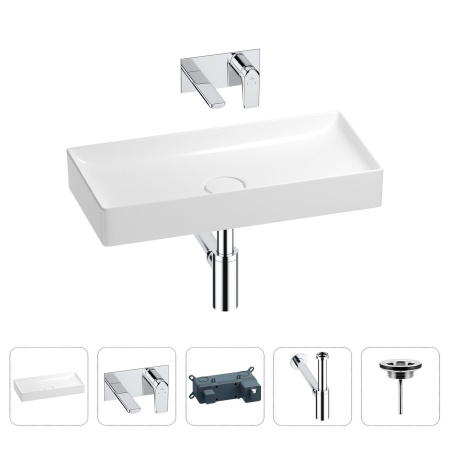 Раковина для ванной Wellsee Pure BY Wellsee 201002711 в наборе 4 в 1: раковина белого глянцевого цвета, встраиваемый смеситель, сифон, выпуск (цвет набора хром)