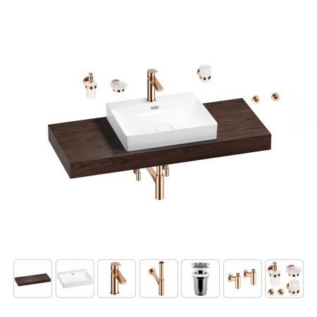 Раковина 55 см со столешницей 120 см Wellsee DeSire 201013564 в наборе 10 в 1: столешница, раковина, смеситель, сифон, выпуск, угловые вентили, аксессуары (цвет розовое золото)