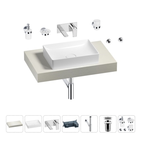 Раковина 50 см со столешницей 80 см Wellsee Pure BY Wellsee 201011081 в наборе 9 в 1: столешница, раковина, встраиваемый смеситель, сифон, выпуск, аксессуары (цвет набора хром)