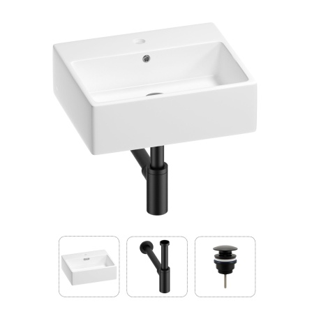 Раковина для ванной Wellsee Graceful Pro 201001327 в наборе 3 в 1: прямоугольная раковина белого глянцевого цвета, сифон, донный клапан в цвете матовый черный