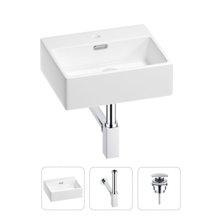 Раковина для ванной Wellsee Graceful Pro 201001306 в наборе 3 в 1: прямоугольная раковина белого глянцевого цвета, сифон, донный клапан в цвете хром